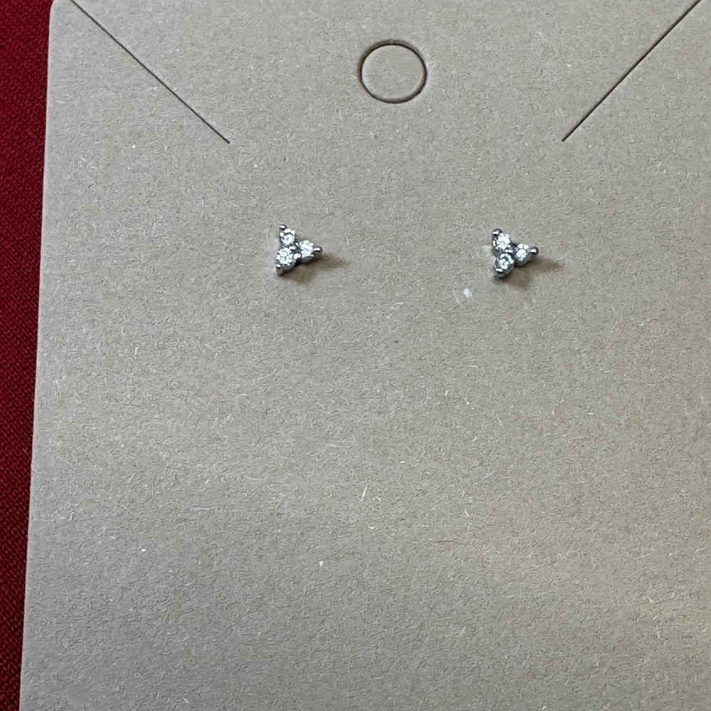 Silver Tone Tiny Stud Faux Diamond 3 Stone Triangle Earrings
